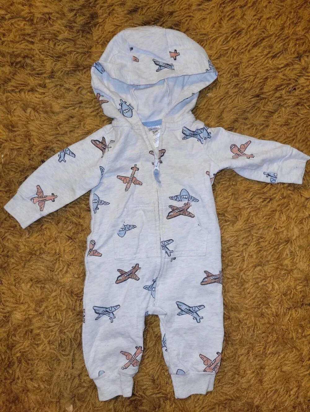 Carter's Airplane Print Hooded One-Piece in Light Blue, Brown